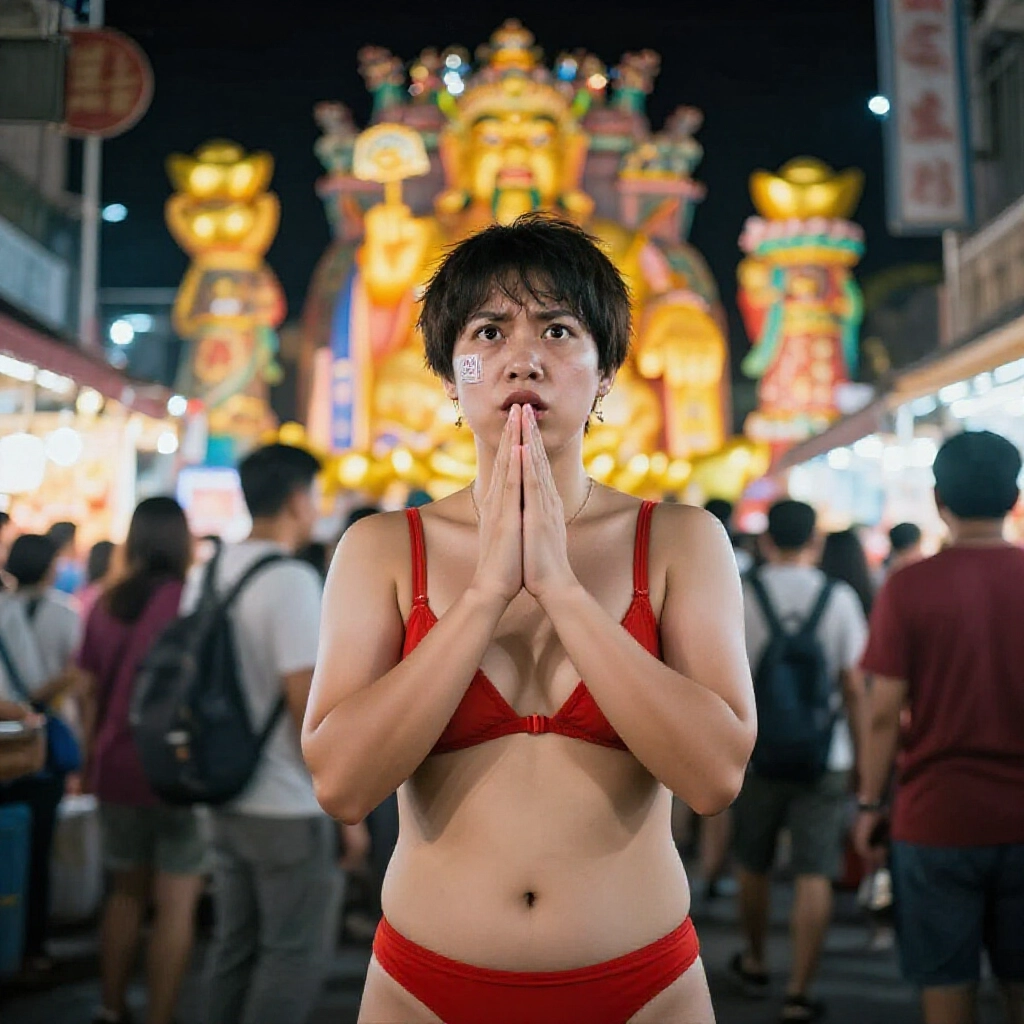 穿紅內褲的人在廟裡祈求財運,手拿彩票,神情焦慮,周圍夜市熱鬧繽紛