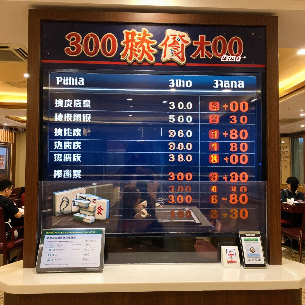 Casino style signboard in mahjong hall displaying 300 over 100 base and point rates players entering lobby with ID check counter transparent pricing menu