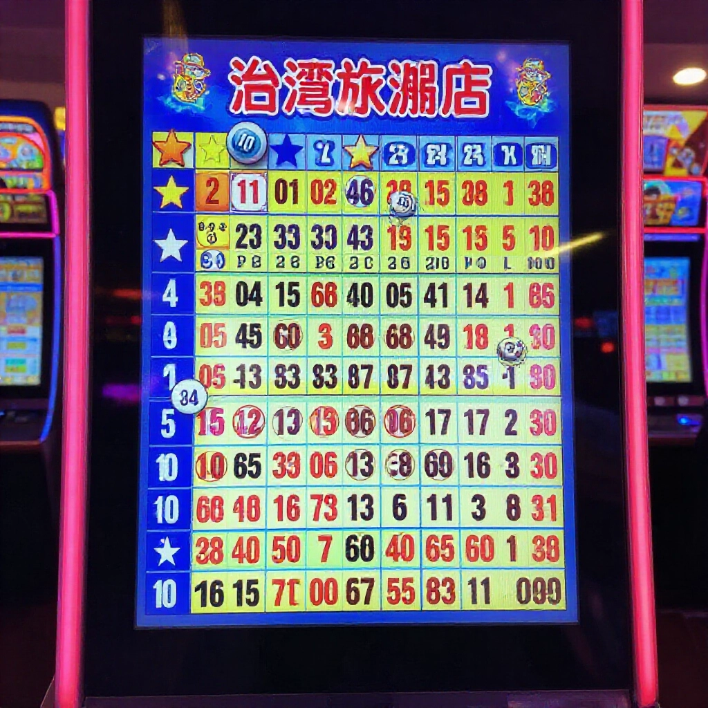 台彩賓果賓果票券顯示一到十星等，01到80號球散佈，螢幕公布中獎號，投注站霓虹燈活潑氛圍