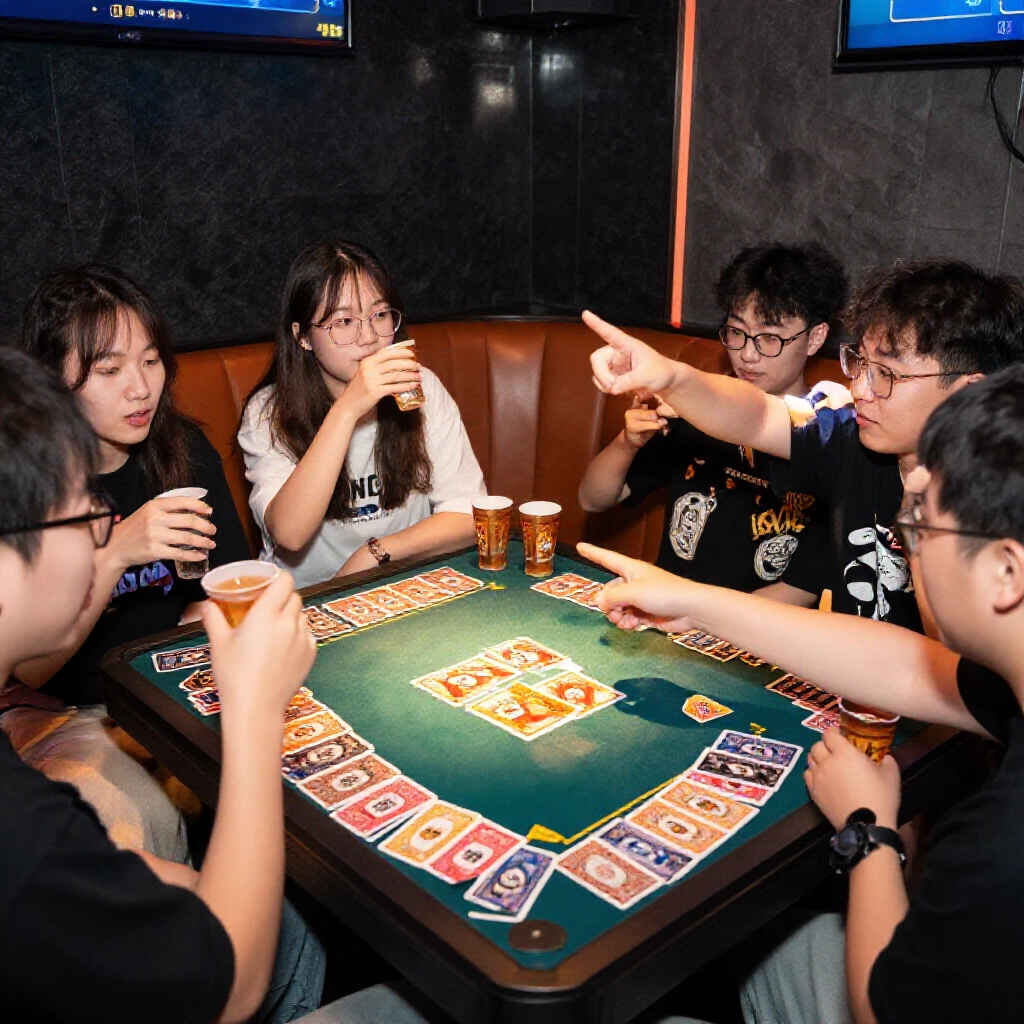 年輕人擠KTV包廂玩國王杯，牌鋪桌手指天輪喝酒，熱鬧氛圍滿滿