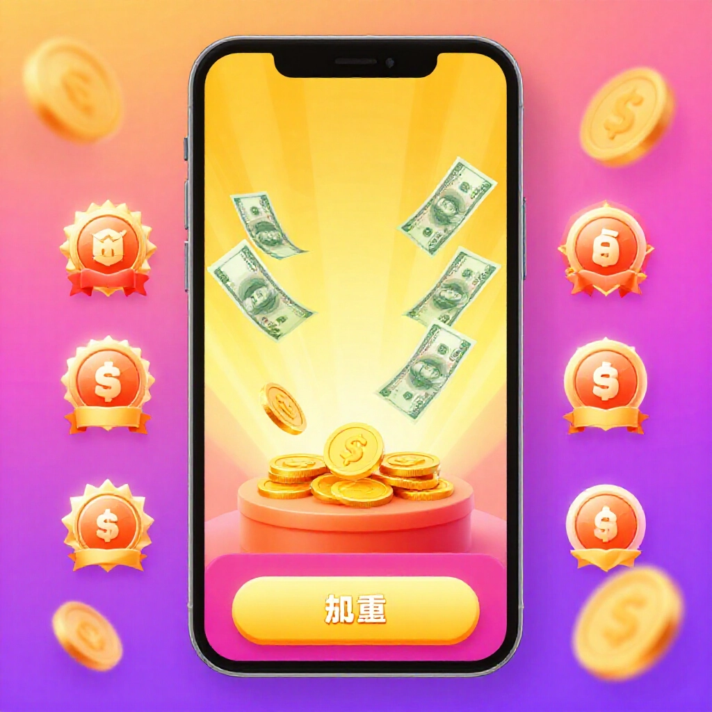 手機螢幕秀遊戲介面，虛擬幣轉台幣鈔票，周圍滿是獎勵徽章與成就圖示，色彩鮮豔