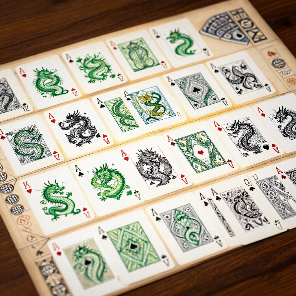 Illustrated poker cards in same suit straight flush green dragon black dragon and mixed miscellaneous variants laid out on rule chart wooden surface soft glowing highlights
