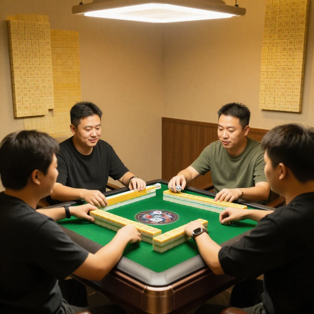 四位興奮玩家圍傳統台灣麻將桌，高牌牆整齊堆疊，東位莊家搖三骰逆時針，溫暖燈光綠氈竹牌細節