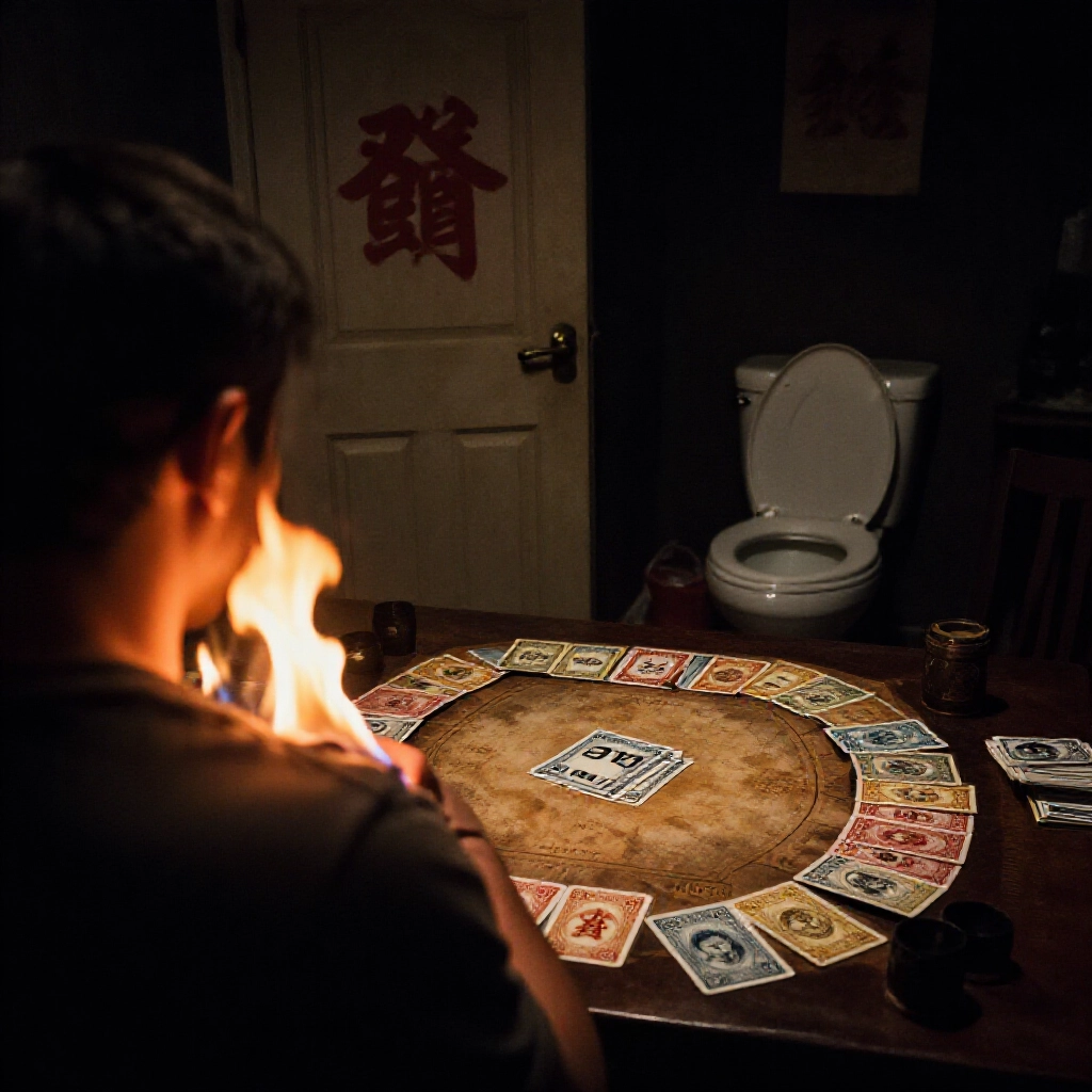 昏暗牌局中玩家肩頭被拍火滅，後方壞風水門沖廁所，陰影混亂能量四散