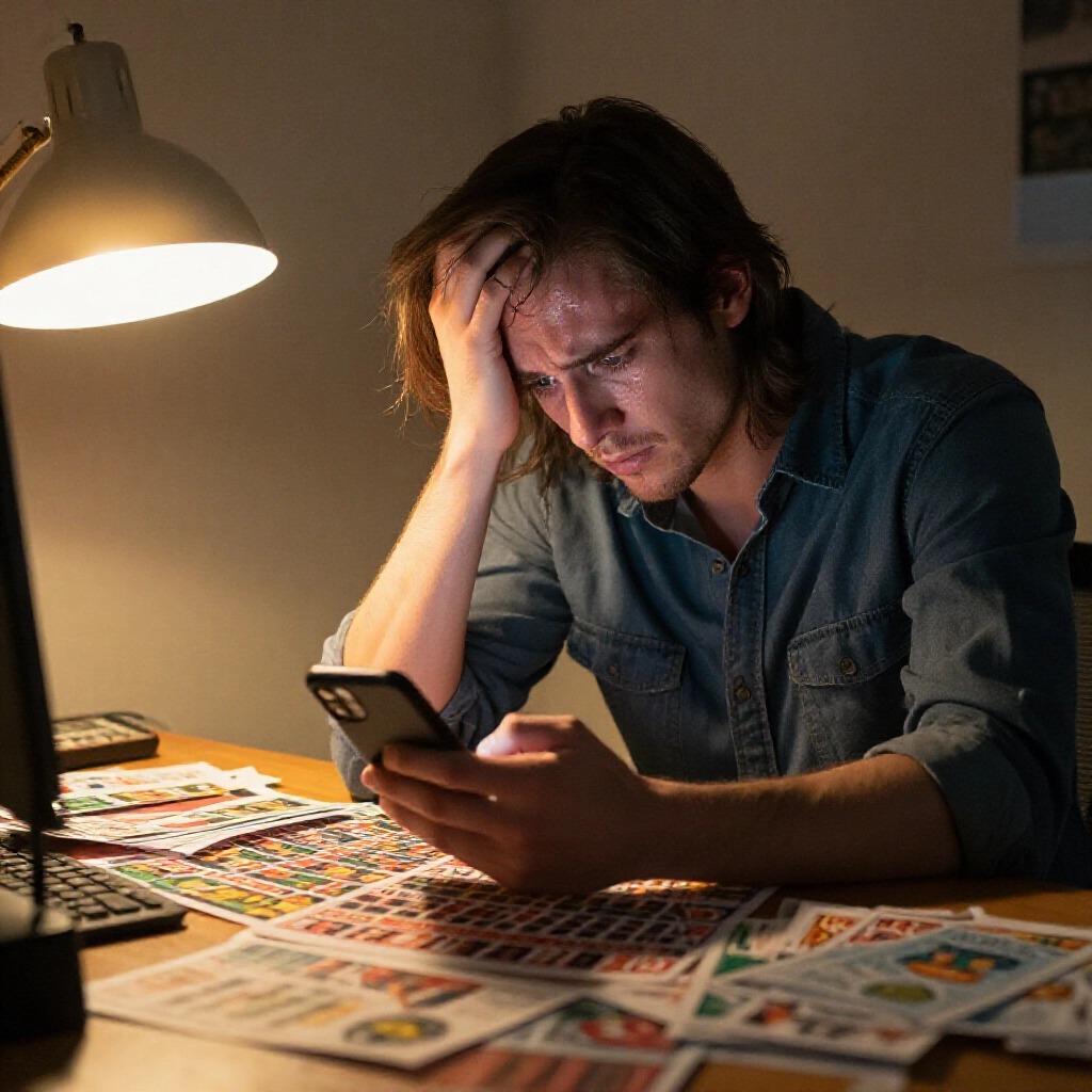 nervous firsttime winner checking phone notification for failed payout sweat on brow cluttered desk with betting slips tense atmosphere warm lamp glow