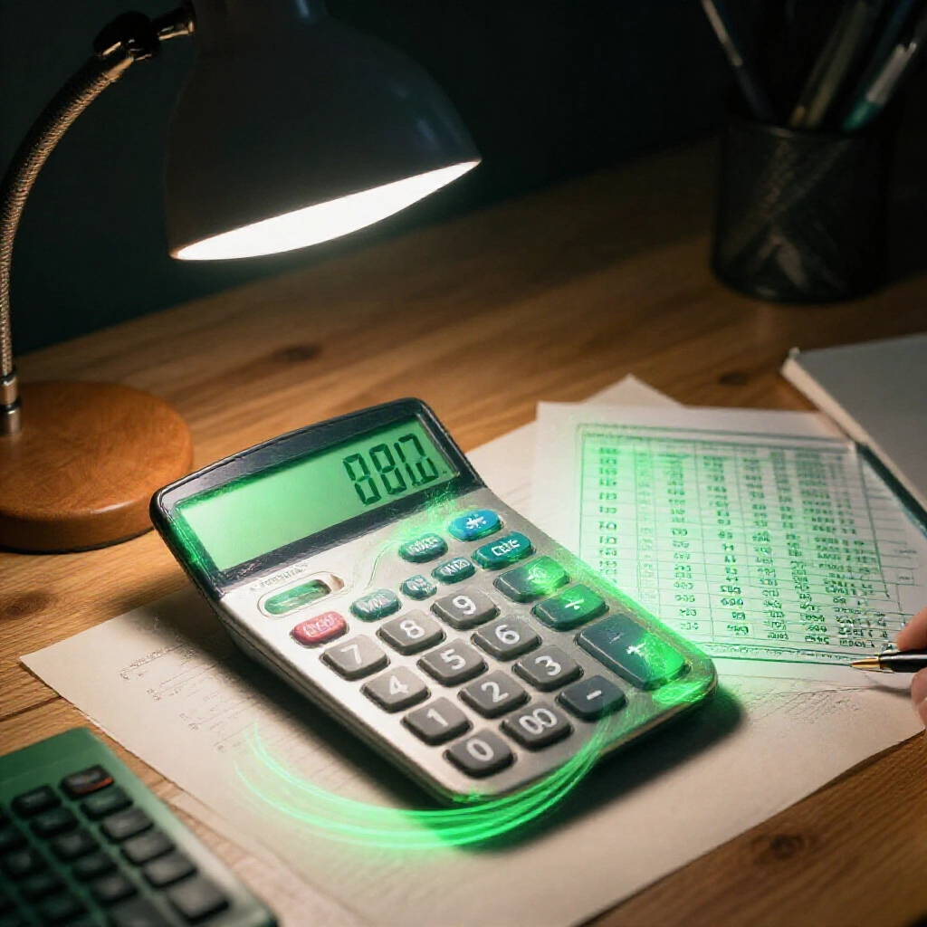 calculator displaying seven numbers transforming into optimized betting combinations with cost savings charts in green tones under focused desk lamp illumination