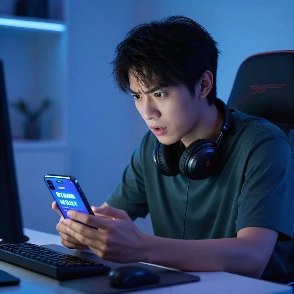 年輕台灣玩家興奮盯著手機螢幕,顯示運彩中獎通知,邊查銀行App確認入帳