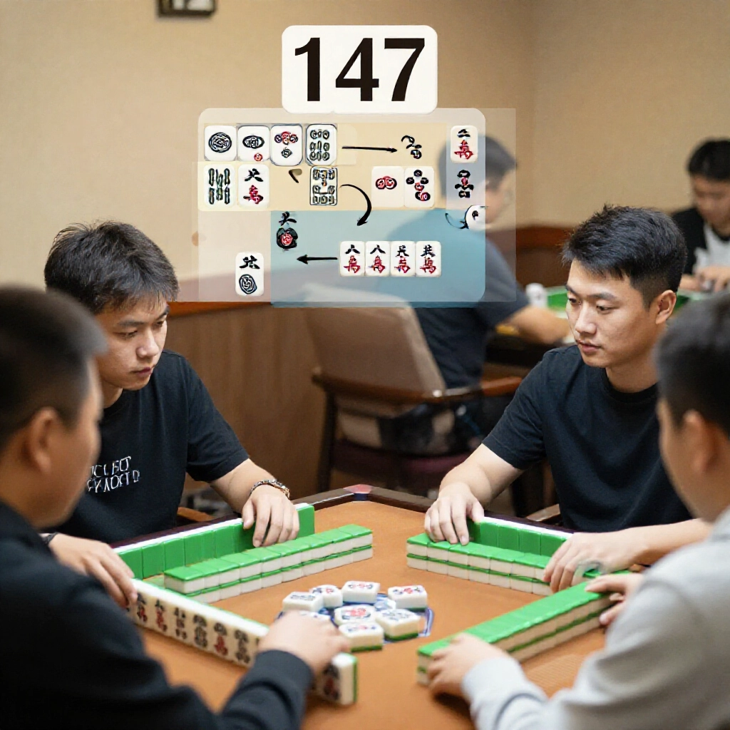 Advanced player pondering discard choices with 147 principle diagram overlay observing opponents reactions in intense late game mahjong session