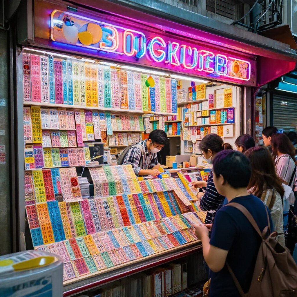 台灣熱鬧的彩券行,玩家在霓虹燈下挑選 1 到 39 的號碼,氣氛超節慶