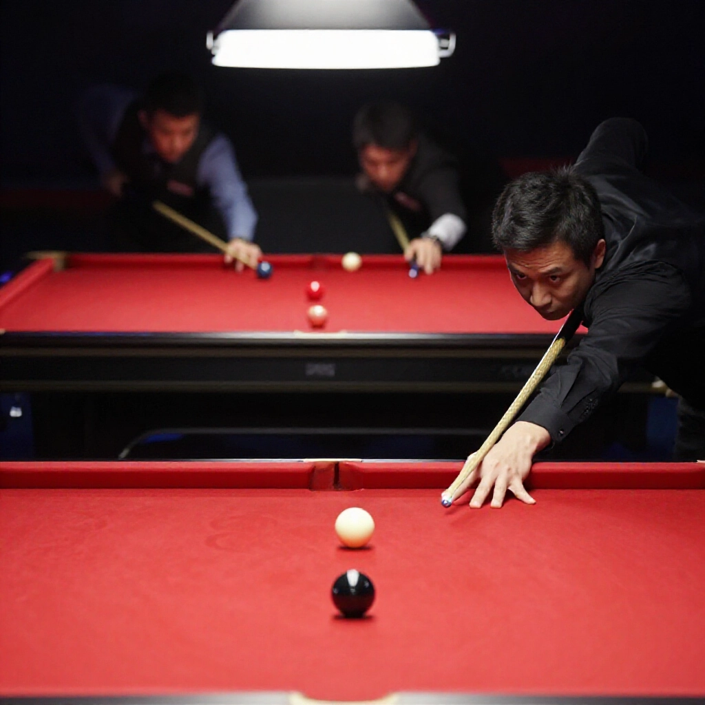 Player cues white ball into red pot then nominates black ball for high score cue positioned for control cloth ripples from impact sequence showing color return to spot professional studio lighting