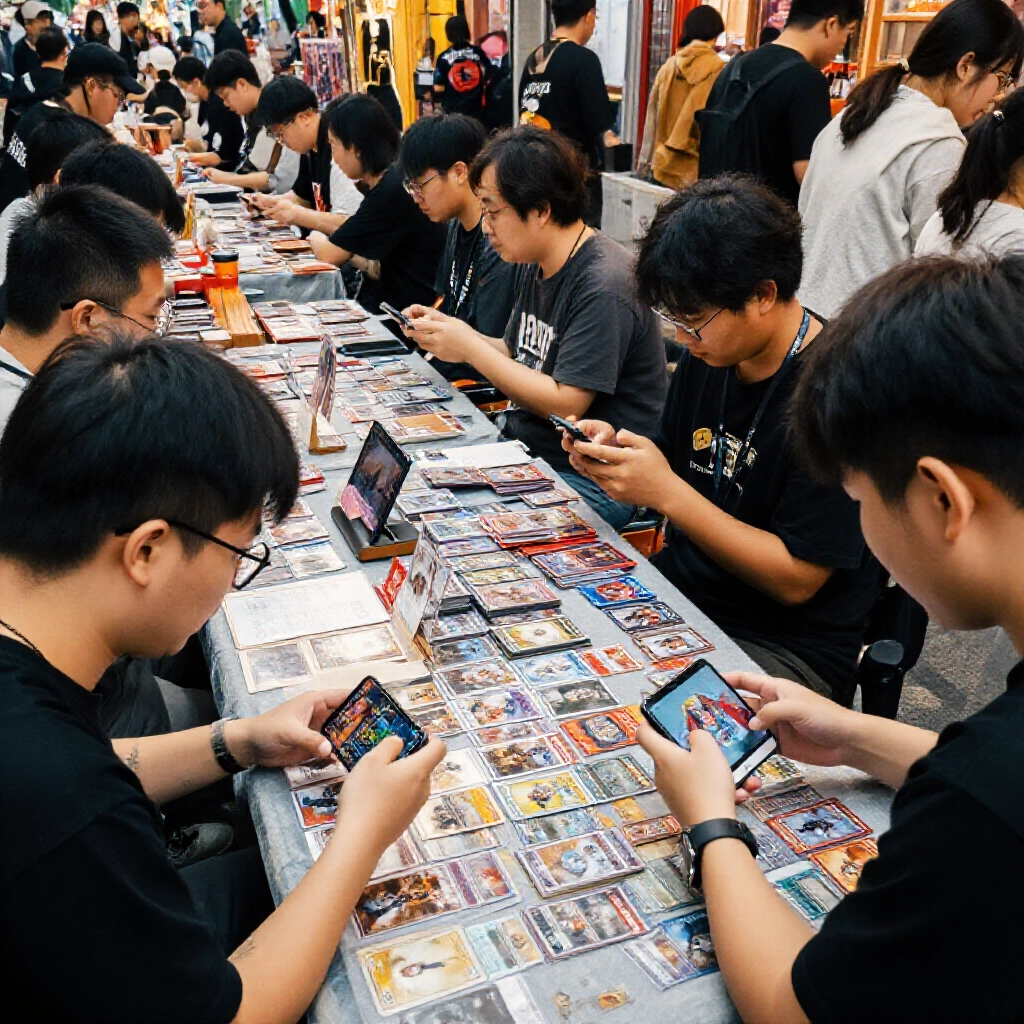 台灣街頭攤位熱鬧的實體TCG對戰場面，旁邊還有玩家拿手機玩數位卡牌，捕捉實體與數位的熱門交叉趨勢