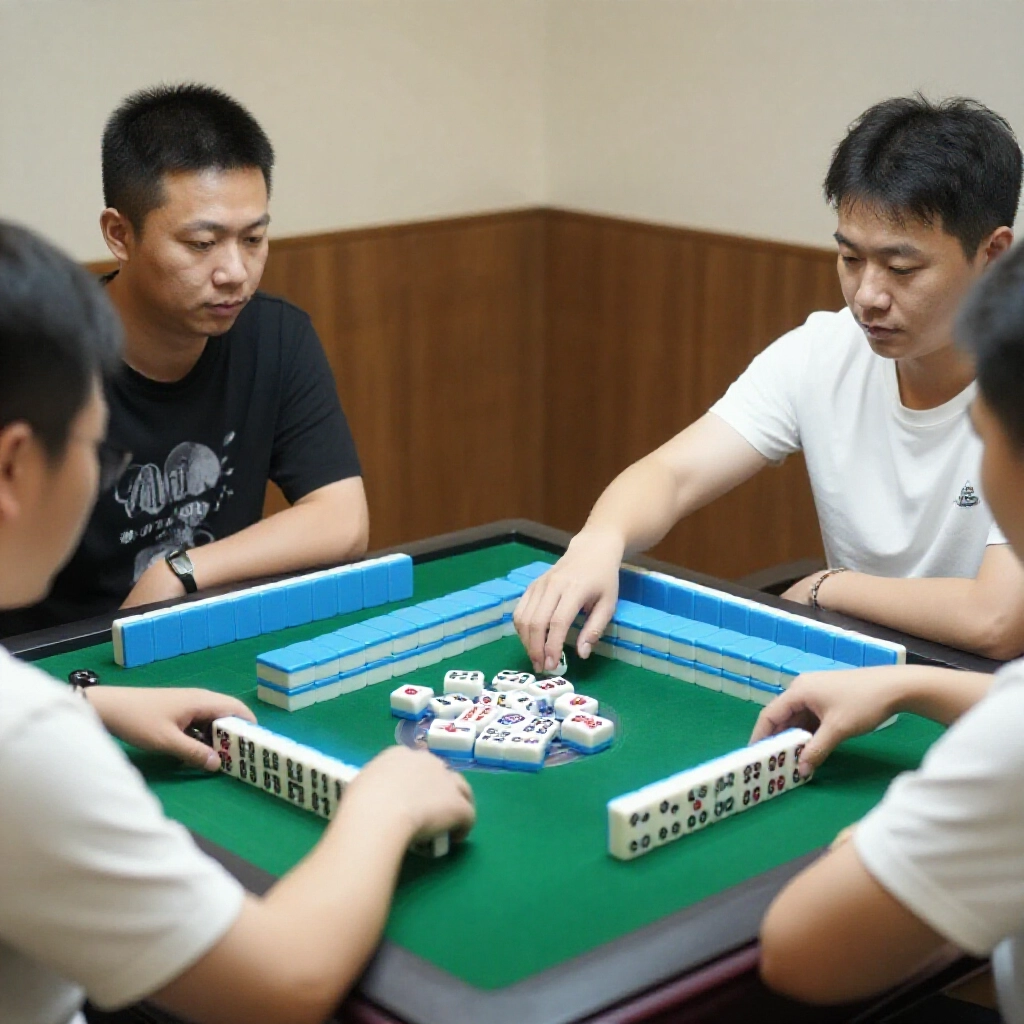 Four players at mahjong table in southern Taiwan pushing stacking dominoes Tianjiu Pai after dice roll tense atmosphere with focused eyes and hand gestures deciding lead order