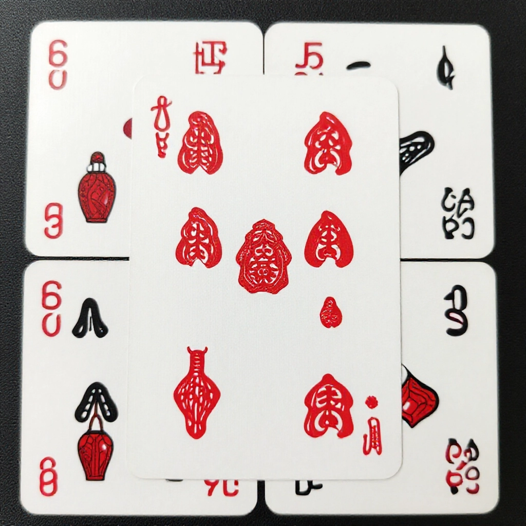 Detailed closeup of Tianjiu Pai cards arranged by rank supreme treasure pair ding san and er si dominating heaven card red six white six symmetric Wenzi patterns on dark background