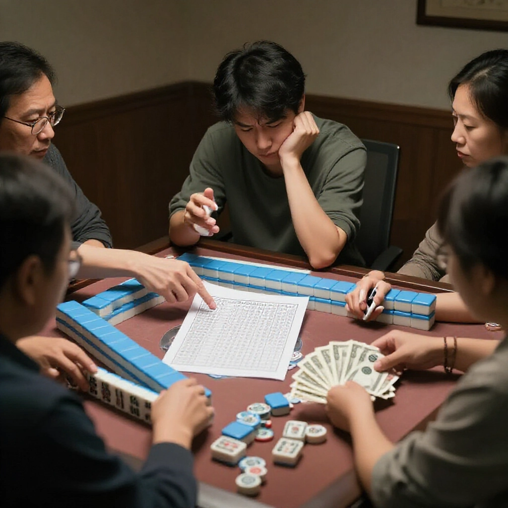 新手困惑坐麻將桌,老鳥指計分單,周圍錢幣散落,昏黃燈光寫實風