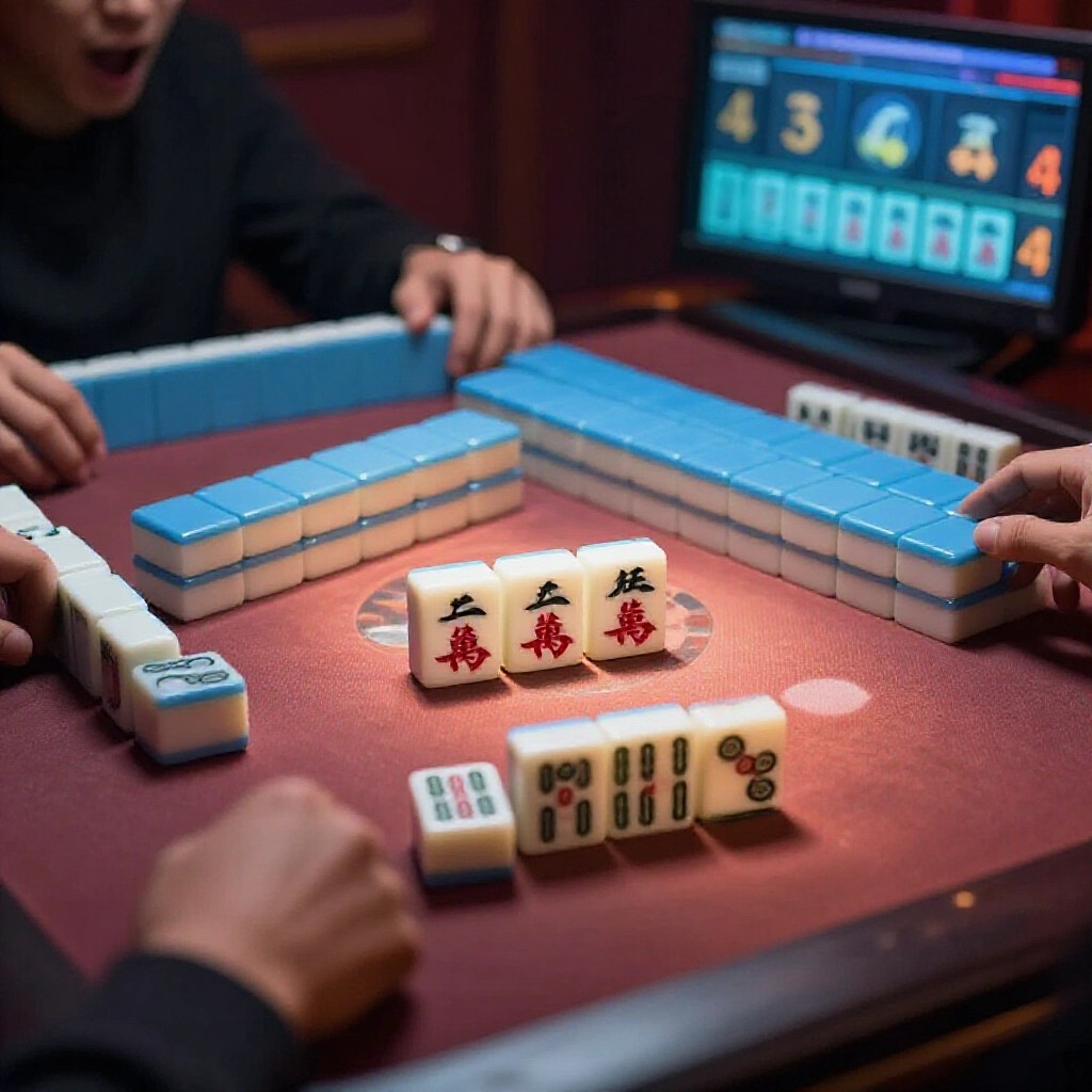 mahjong hand showing small three dragons with mid fa white tiles plus other suits scoreboard displaying 4 fan points excited player declaring win dim ambient lighting dramatic shadows on table emphasizing high value win