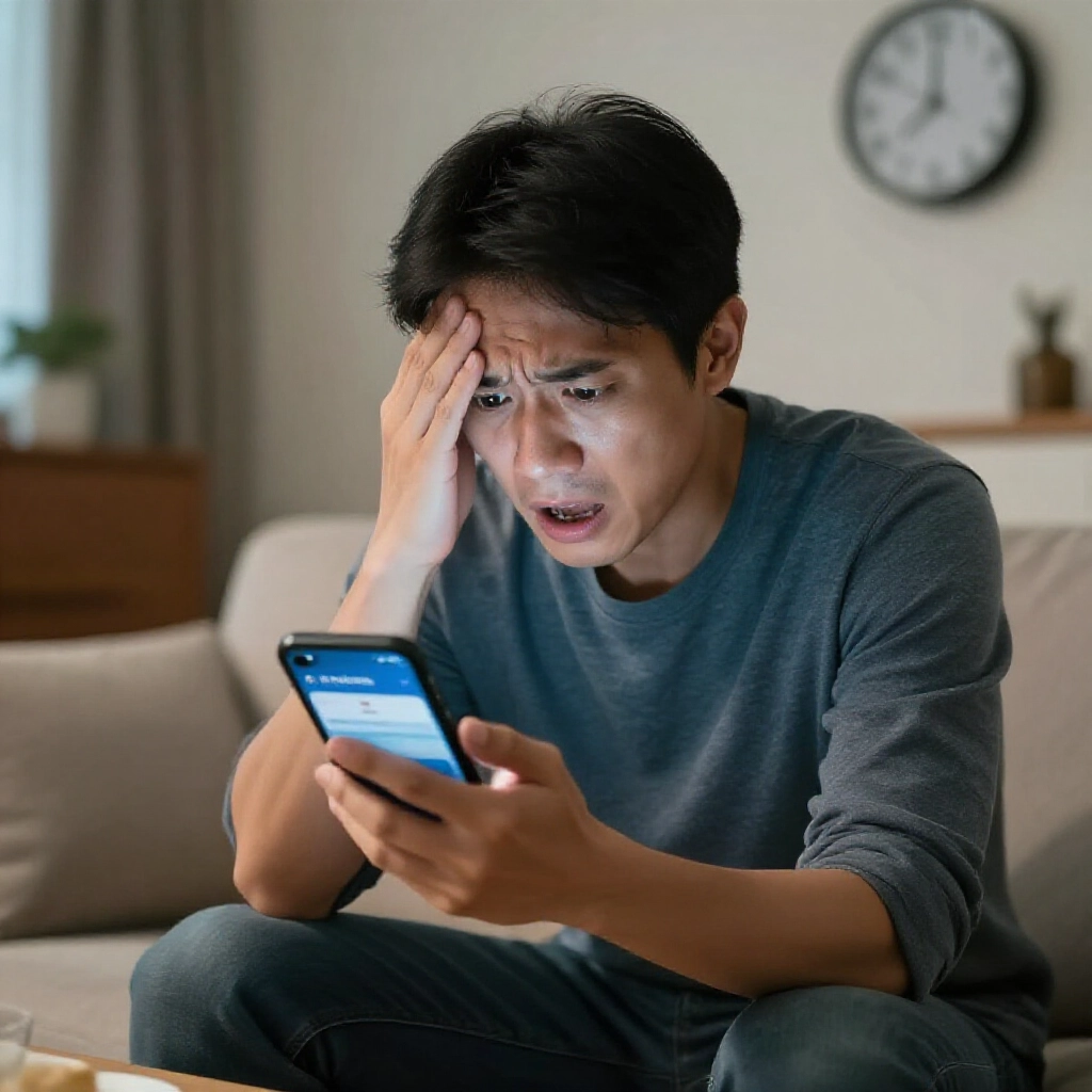 台灣受害者發現詐騙後焦急檢查銀行App的居家場景