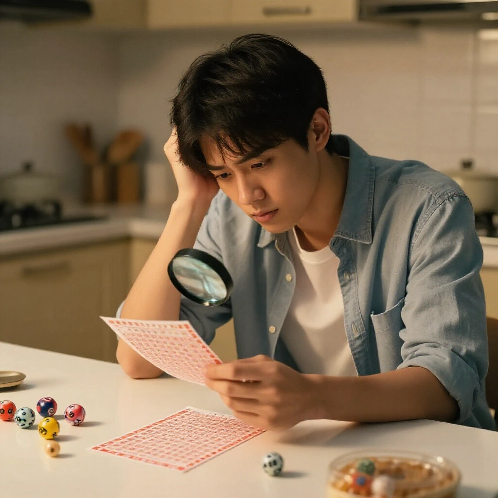台灣男子深夜在廚房檢查大樂透票只中一個號碼周圍散落彩球