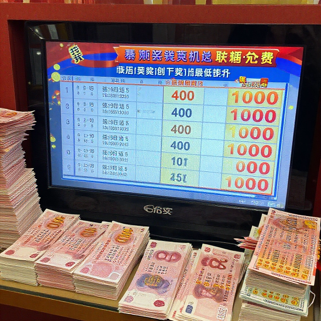 數位螢幕上的詳細獎金表,顯示400元基本獎在加碼期翻倍到1000元,旁邊堆滿現金和彩票