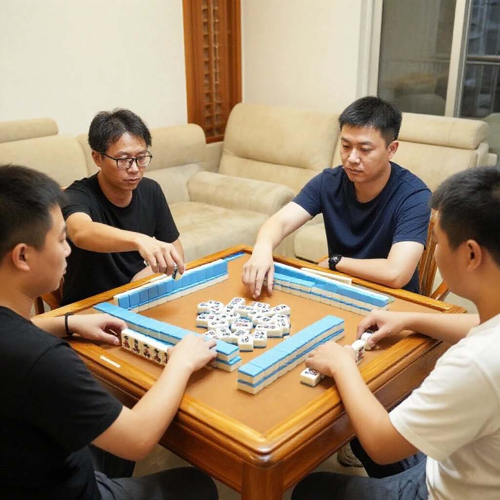 three players seated around a wooden mahjong table in a brightly lit taiwanese living room one player discards a tile while others look intently no chi allowed serious focused expressions scattered tiles and scoring sticks
