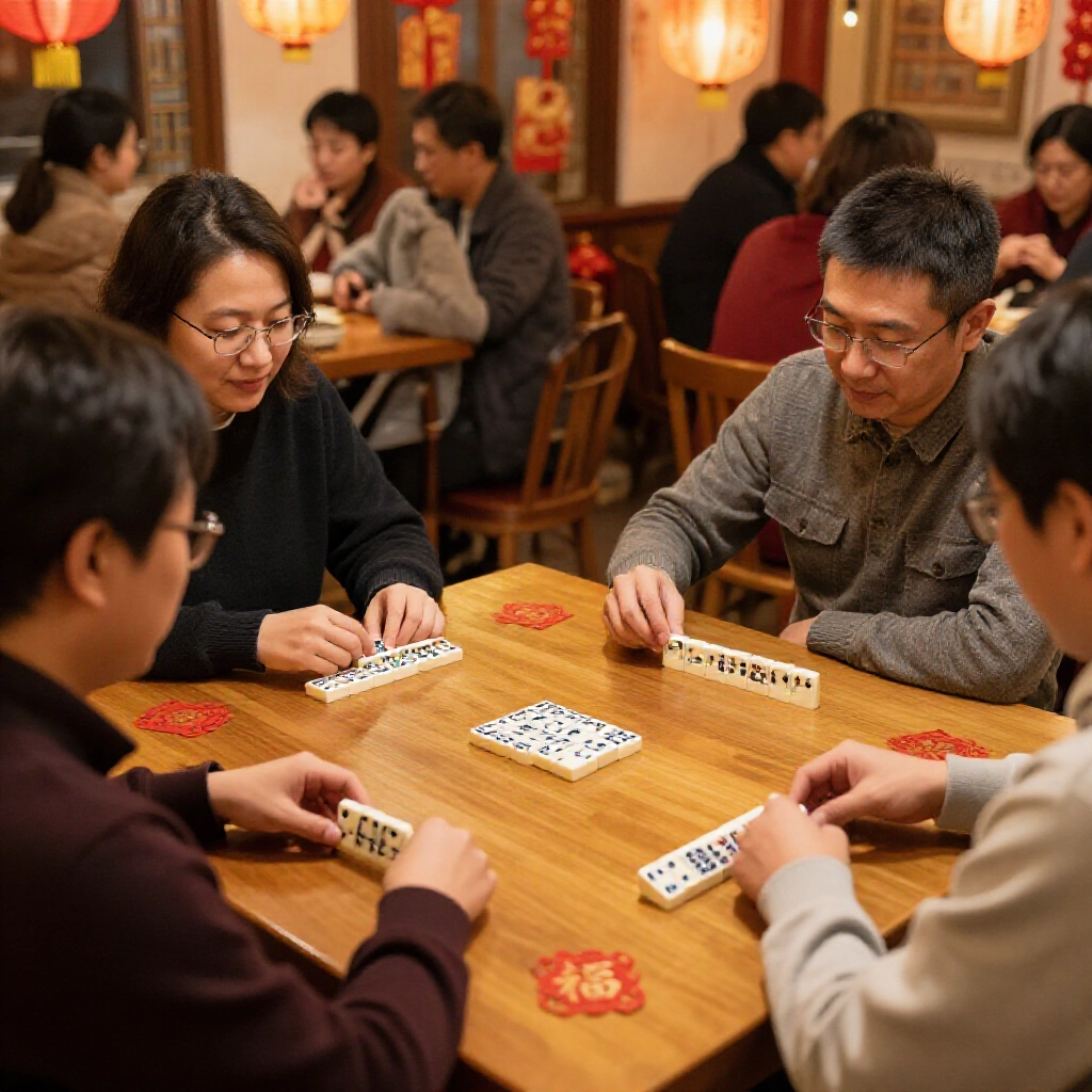 Taiwanese friends gathered around a wooden table playing traditional Tianjiu Pai Gow with 32 bone domino tiles during Lunar New Year festival warm lantern glow and joyful social atmosphere