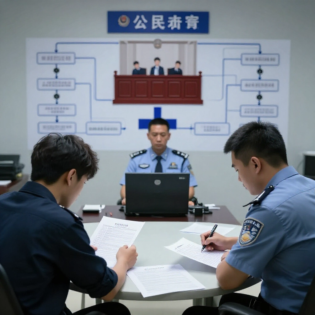 警察局偵訊室,神經緊張的玩家對警官簽賭博紀錄,箭頭指向檢察署法庭流程,文件散亂嚴肅氣氛