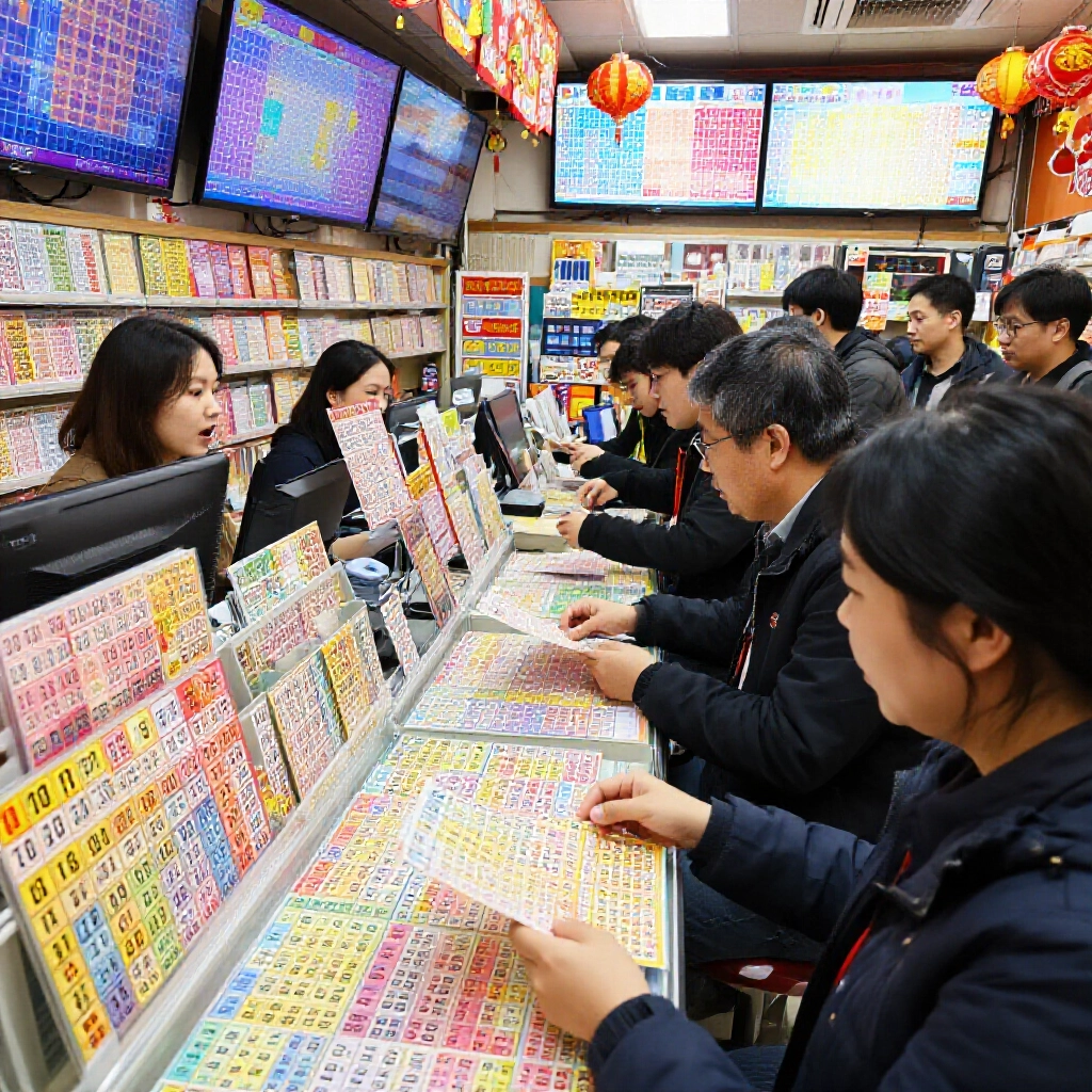 興奮的玩家在熱鬧的台灣彩票店,用彩色賓果卡從01到80選六個號碼,周圍滿是閃爍螢幕和節慶裝飾