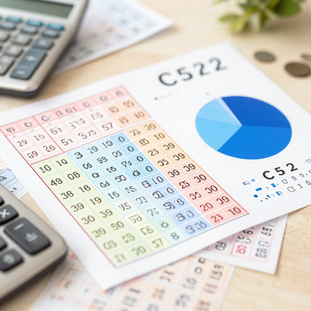 Mathematical visualization of lottery combinations colorful charts showing C(39 5) as 575757 and C(5 2) as 10 probability pie graph in blue tones calculator and lottery ticket on desk soft focus