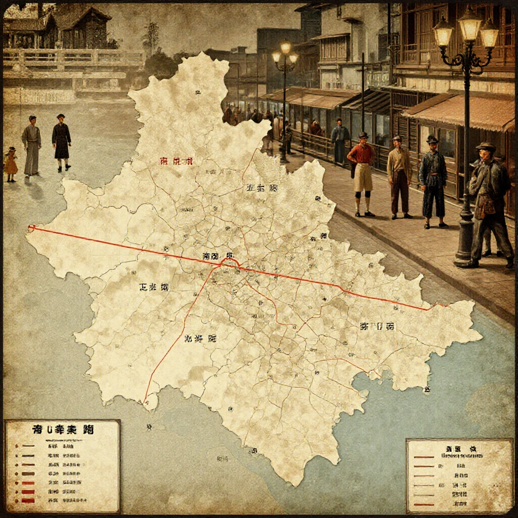 高雄區塊歷史地圖標註七賢西北苓雅寮沙仔地勢力範圍,環繞車站港口娛樂區,復古風格硬漢身影
