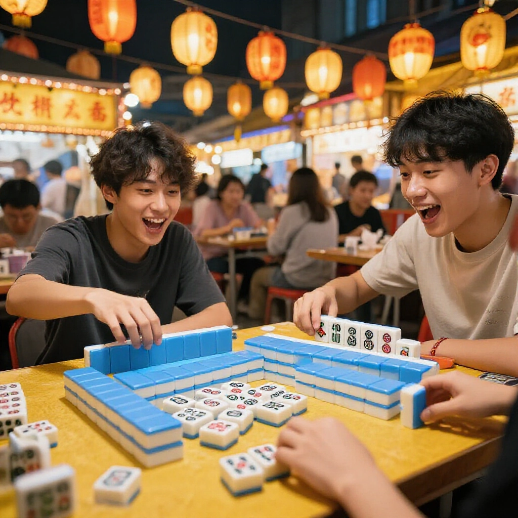 熱鬧台灣夜市攤位,兩個興奮玩家在燈籠下快速洗簡化麻將牌,只用筒子和字牌,周圍人潮洶湧