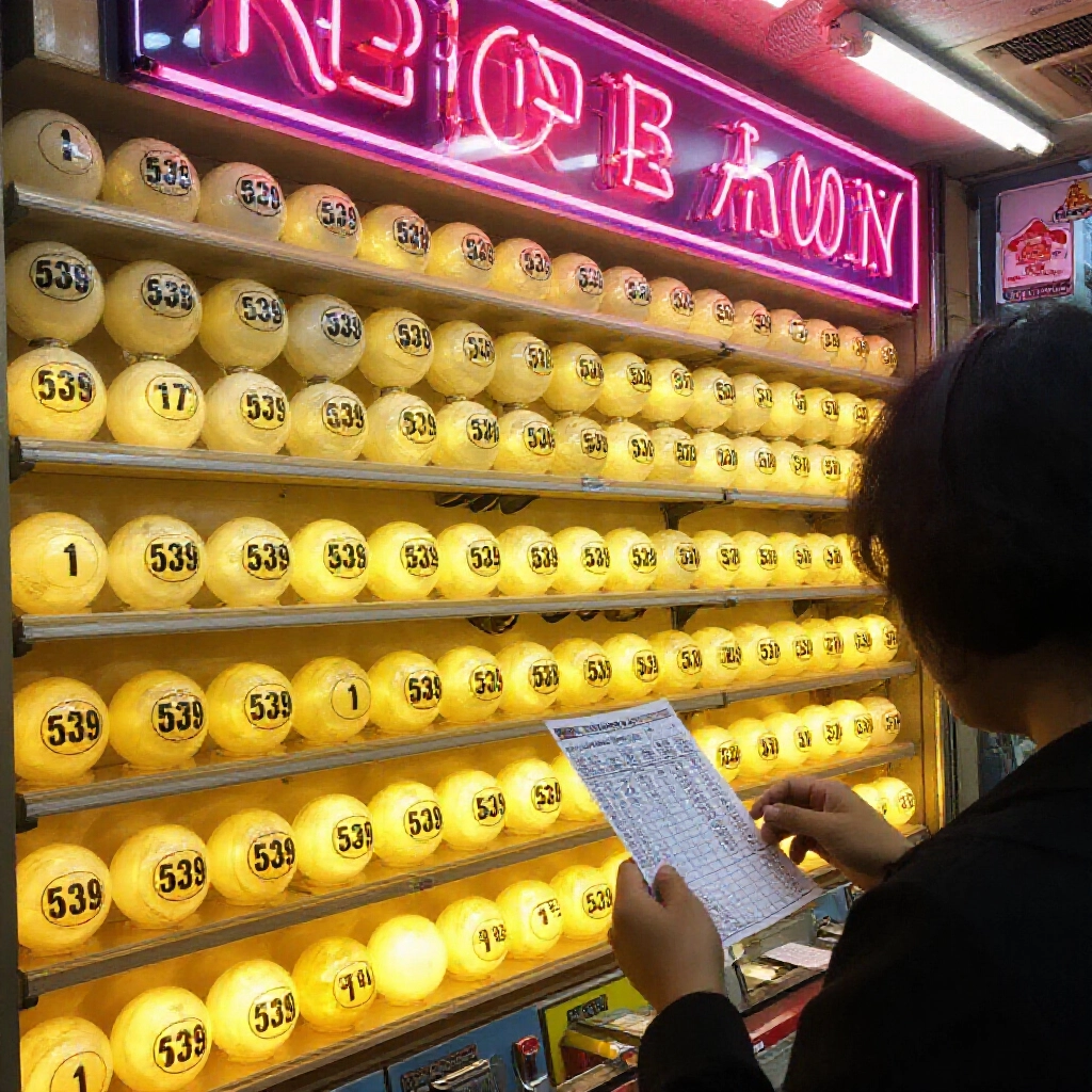 Taiwan lottery shop interior with glowing 539 numbered balls from 1 to 39 on shelves excited player holding betting slip selecting two numbers bright neon lights warm atmosphere