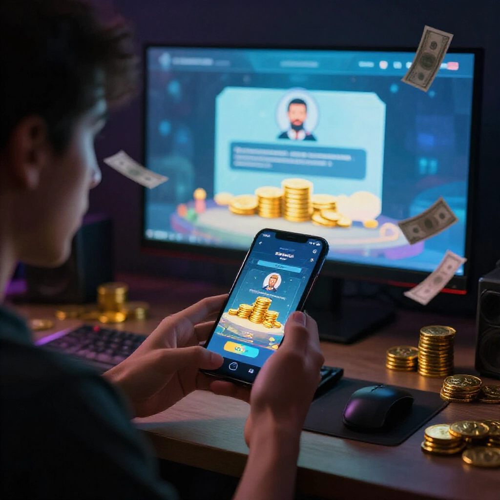 玩家在昏暗房間登入手機遊戲,將金幣轉移給商家帳戶,畫面周圍飄浮現金鈔票,營造緊張氛圍與螢幕霓虹光芒