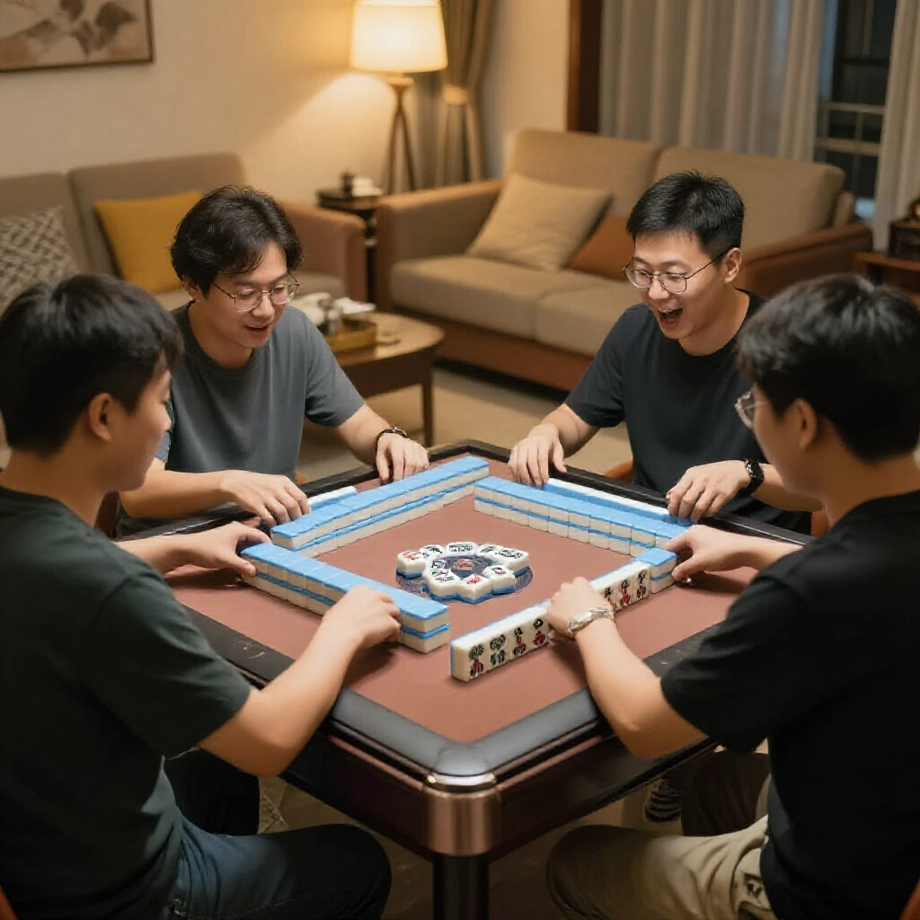 三人麻將熱鬧牌桌,三玩家專注筒條字牌堆,台灣客廳溫暖燈光,節奏快表情投入