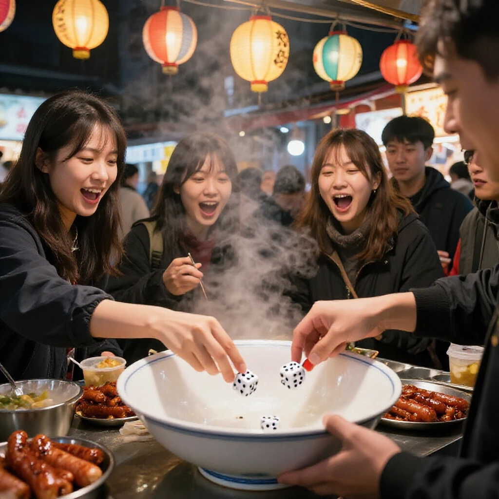 台灣夜市香腸攤友人圍玩，搖大白碗四骰興喊十八啦，彩燈熱食香撲鼻