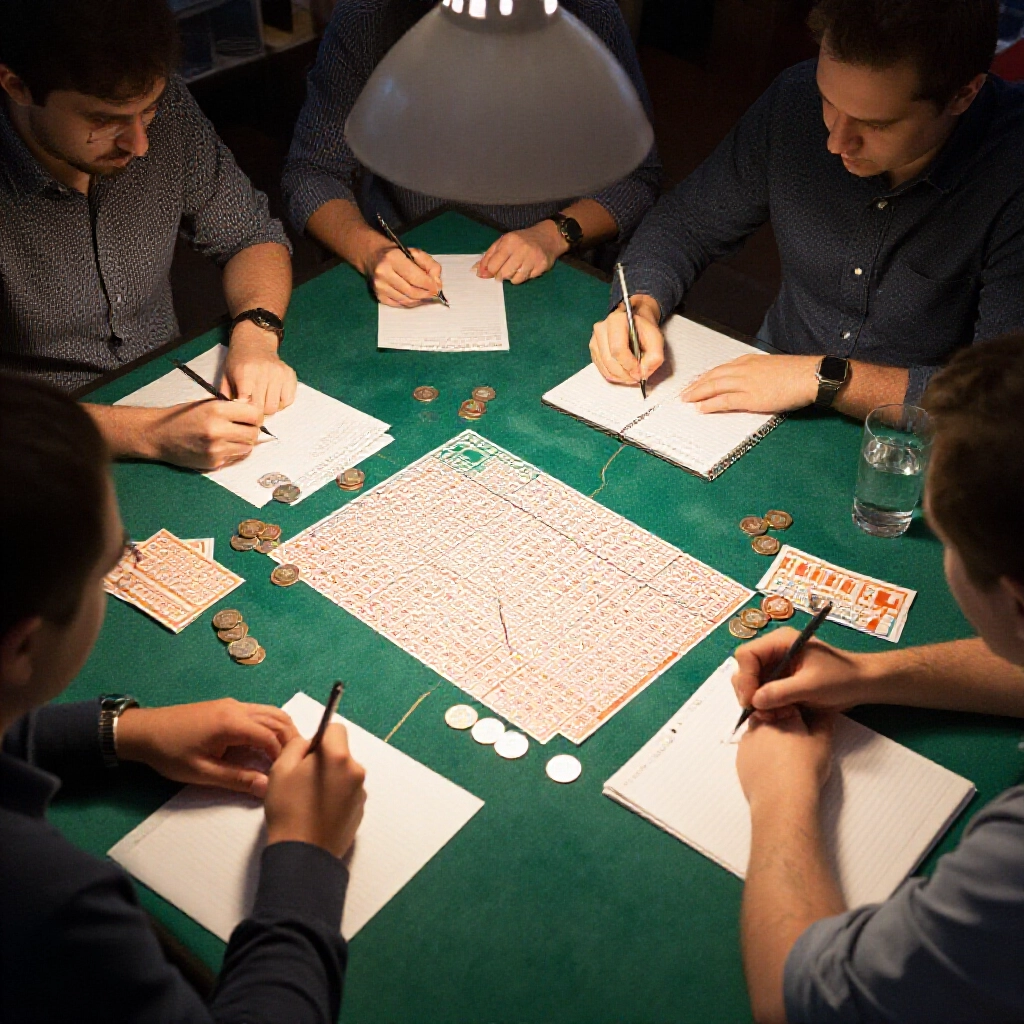 Group of lottery players at table drawing lines between five selected numbers forming pairs for parlay betting stacks of betting slips coins and notepad under focused desk lamp dynamic strategy session