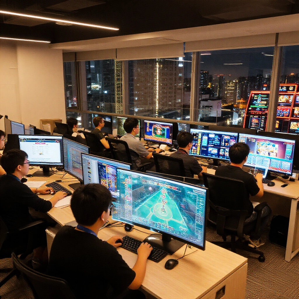 台中現代遊戲工作室,開發者圍著全息螢幕腦storm手機遊戲、PC大作跟老虎機,窗外繁華台中市景,暖光氛圍充滿活力