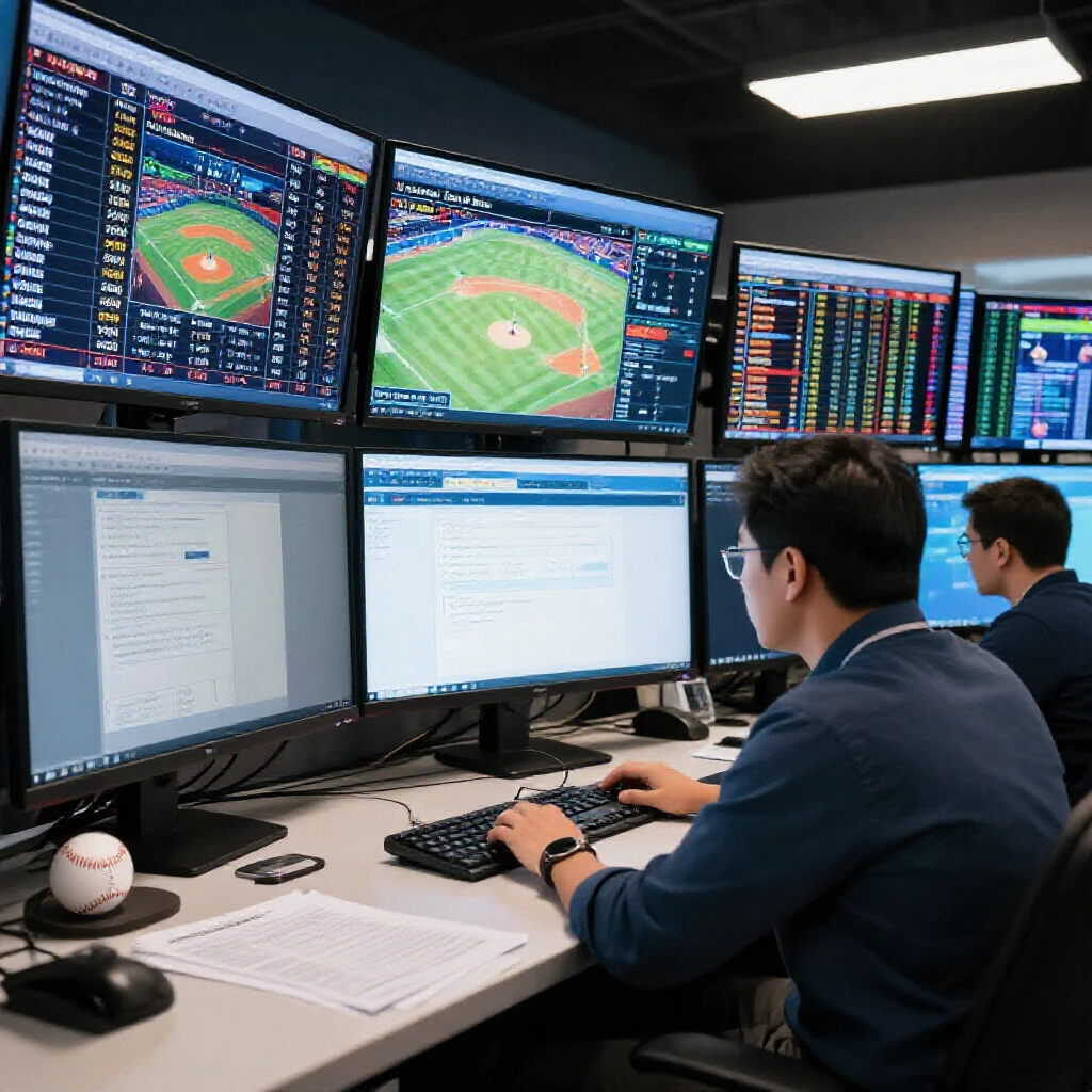 modern sportsbook office with analyst reviewing baseball team data on multiple screens surrounded by scorecards baseballs and betting slips under focused lighting