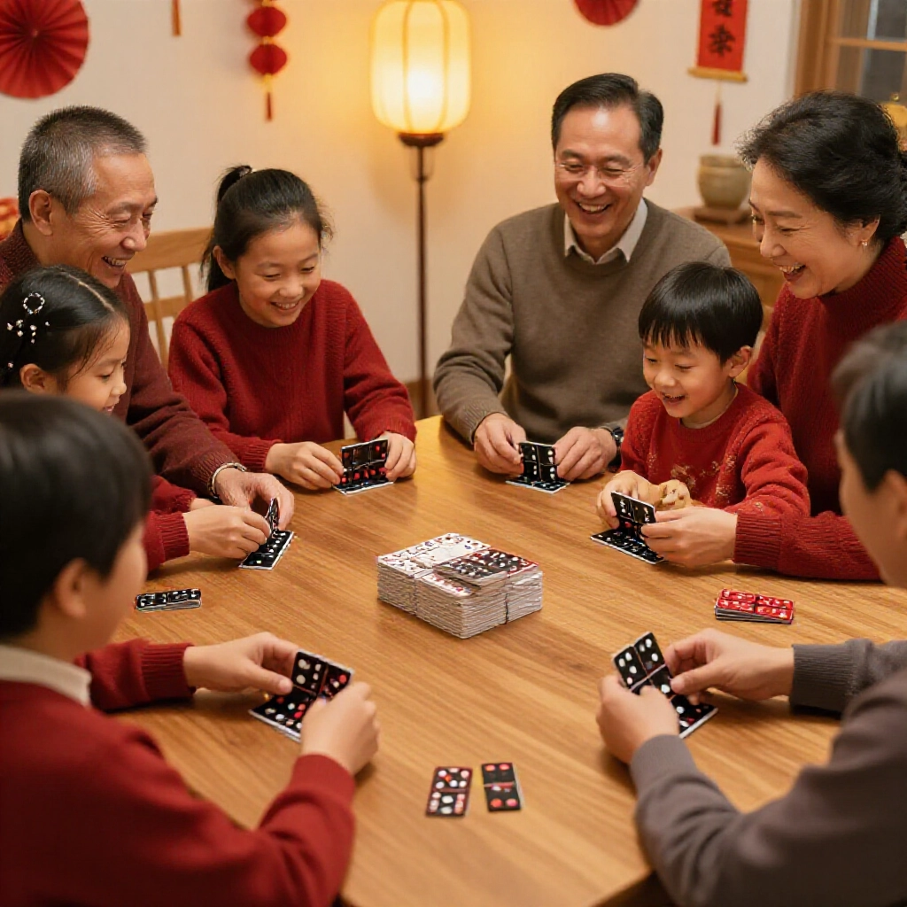 Taiwanese family gathered around wooden table during Lunar New Year festival playing traditional Tianjiu Pai black domino cards with red and white dots warm lantern light excited laughter and stacked card piles
