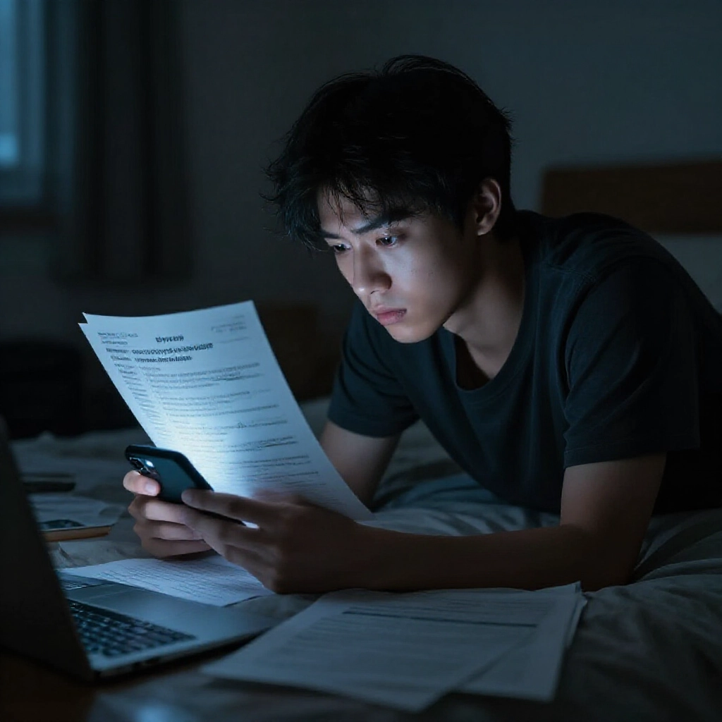 年輕男子在凌亂房間焦慮閱讀Dcard跑帳債務貼文,手機不斷震動顯示催收威脅訊息,夜晚陰鬱氛圍