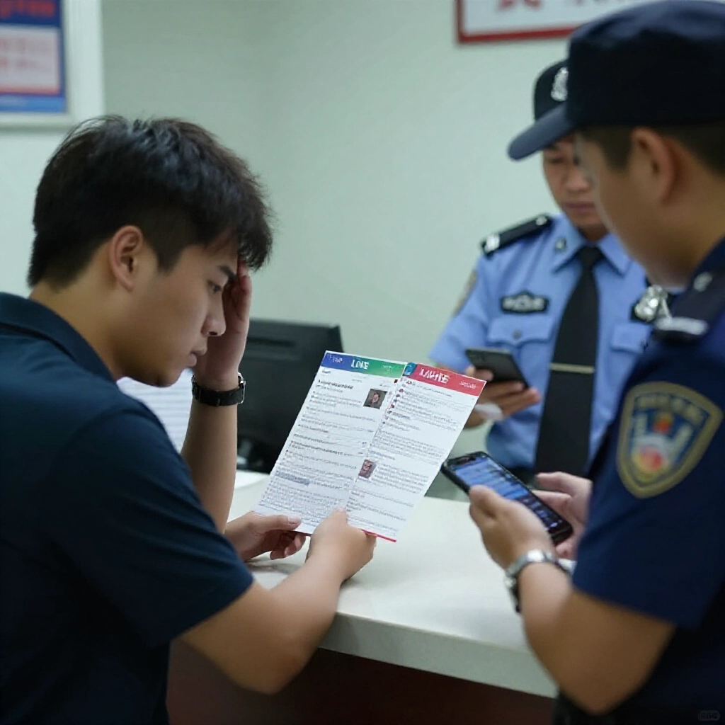 焦慮玩家在警察局櫃檯出示LINE威脅截圖，向員警求助，手持手機氣氛緊張