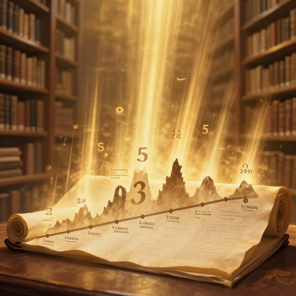 Epic timeline scroll in library showing 539 longest historical omissions peaks over 50 periods dramatic light beams on faded numbers ancient bookshelves background golden hues of revelation