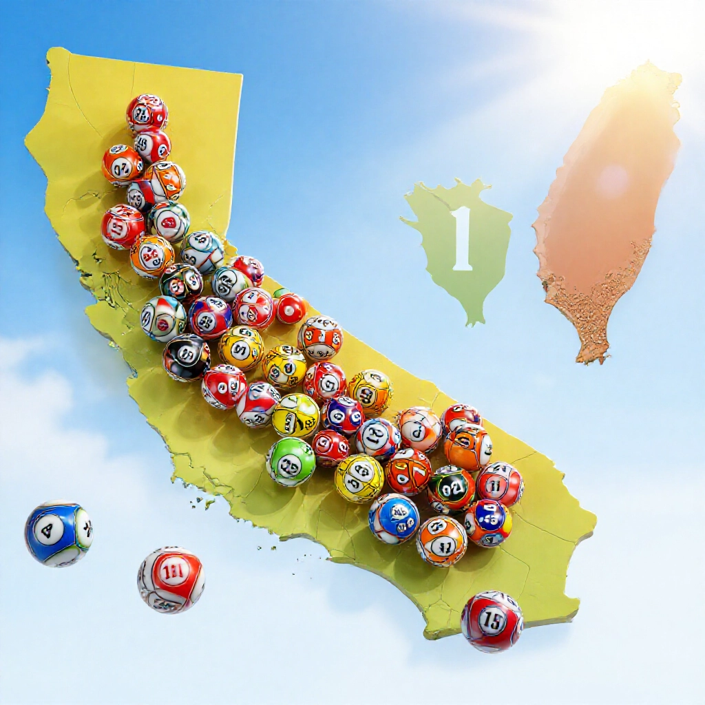 vibrant lottery balls numbered 01 to 39 scattered across california state map with taiwan silhouette in background under bright sunny sky conveying daily excitement for fantasy 5 game