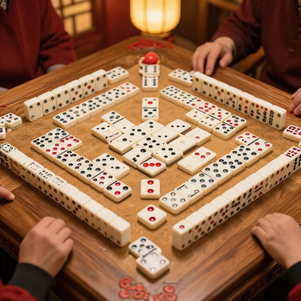 傳統天九牌遊戲桌面布置，32張骨牌分成文子對子和武子單張，紅白點數在溫暖燈光下的家庭聚會氛圍