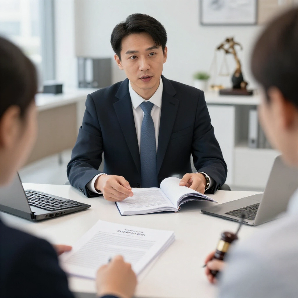 律師在現代辦公室向客戶解釋無效的賭債合約，桌上民法書開啟標註第180條