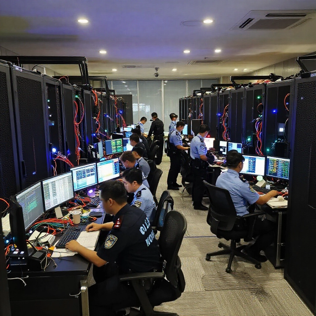 台北內湖辦公大樓遭警方突襲，伺服器、螢幕、賭博數據散亂，閃光燈下緊張抓證據