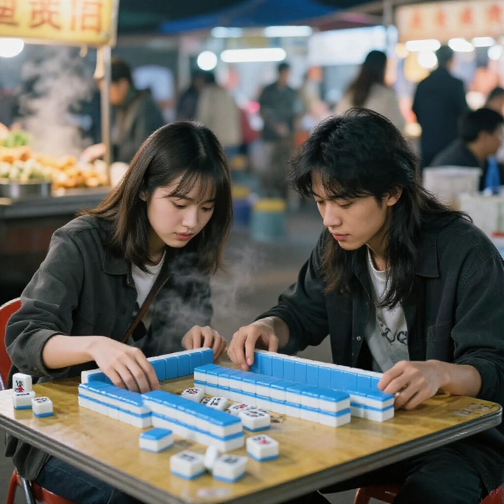 饒河夜市年輕情侶緊挨小桌玩兩人麻將,專注盯牌堆,周邊熱食香氣撲鼻,夜間氣氛熱鬧