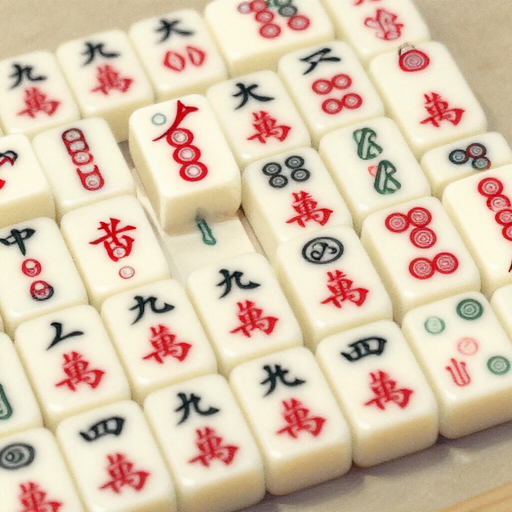 Closeup illustration of all 22 Wenzi tiles and 10 Wuzi tiles from Tianjiu Pai Gow showing red white dots patterns like Tian Ge Ren He Mei Chang San Ban Deng and miscellaneous Jiu Ba Qi Wu on textured background