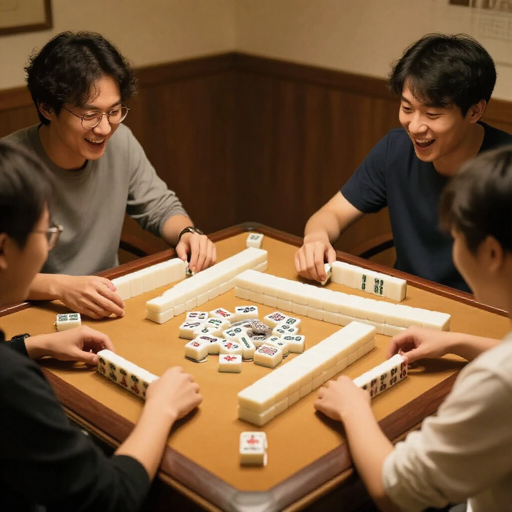 三位玩家興奮圍桌玩三人麻將,簡化牌組缺萬子,快速遊戲溫暖燈光專注表情散落棄牌