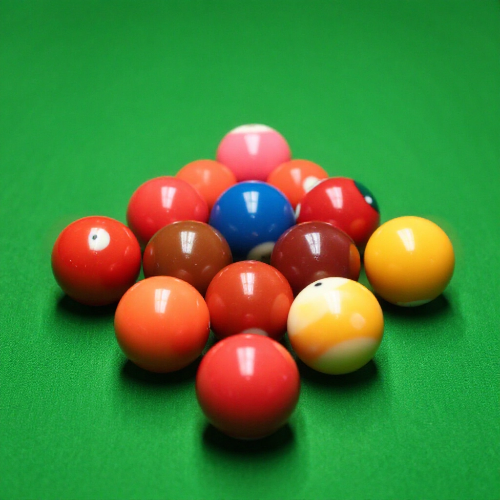 Perfect snooker ball rack fifteen red balls in tight triangle formation colored balls precisely spotted yellow on right green left brown center blue midway pink ahead black at end detailed positions