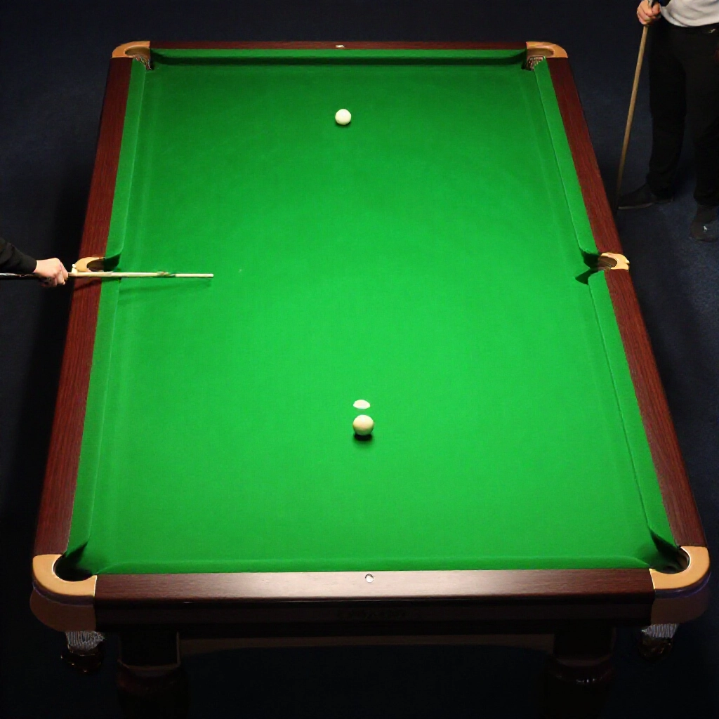 Expansive snooker table double the size of american pool table with narrow rounded pockets player lining up long precision shot on red ball dramatic overhead lighting green baize surface