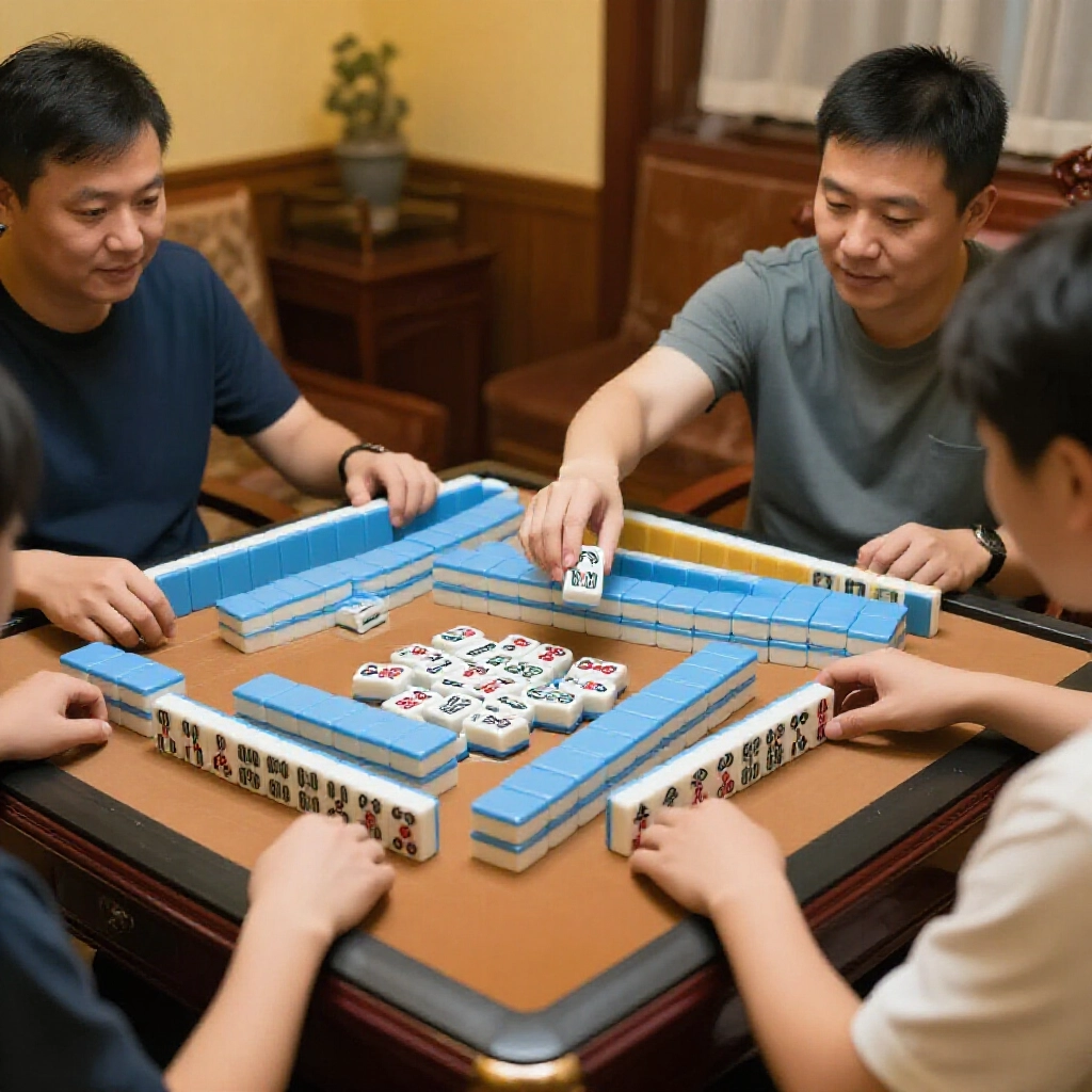 四位玩家圍坐在溫暖客廳的台灣傳統麻將桌前,一人伸手吃上家丟的一萬牌,搭配手上的二三萬組成順子,亮在桌左側,牌面竹節圖案鮮豔,吃牌動作生動
